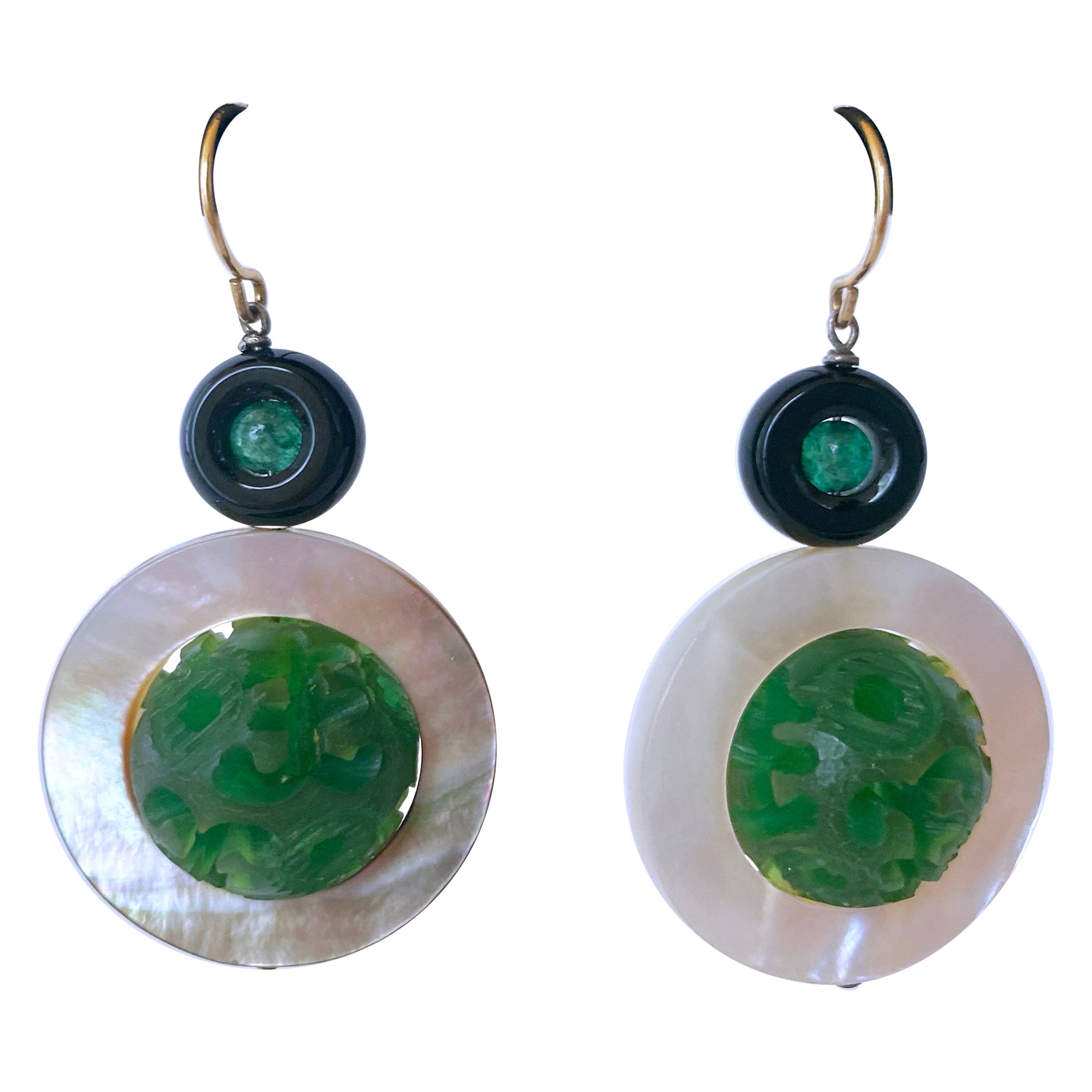 Marina J. Mother of Pearl, Emerald, Onyx and Bakolite Earrings, 14k Yellow Gold For Sale
