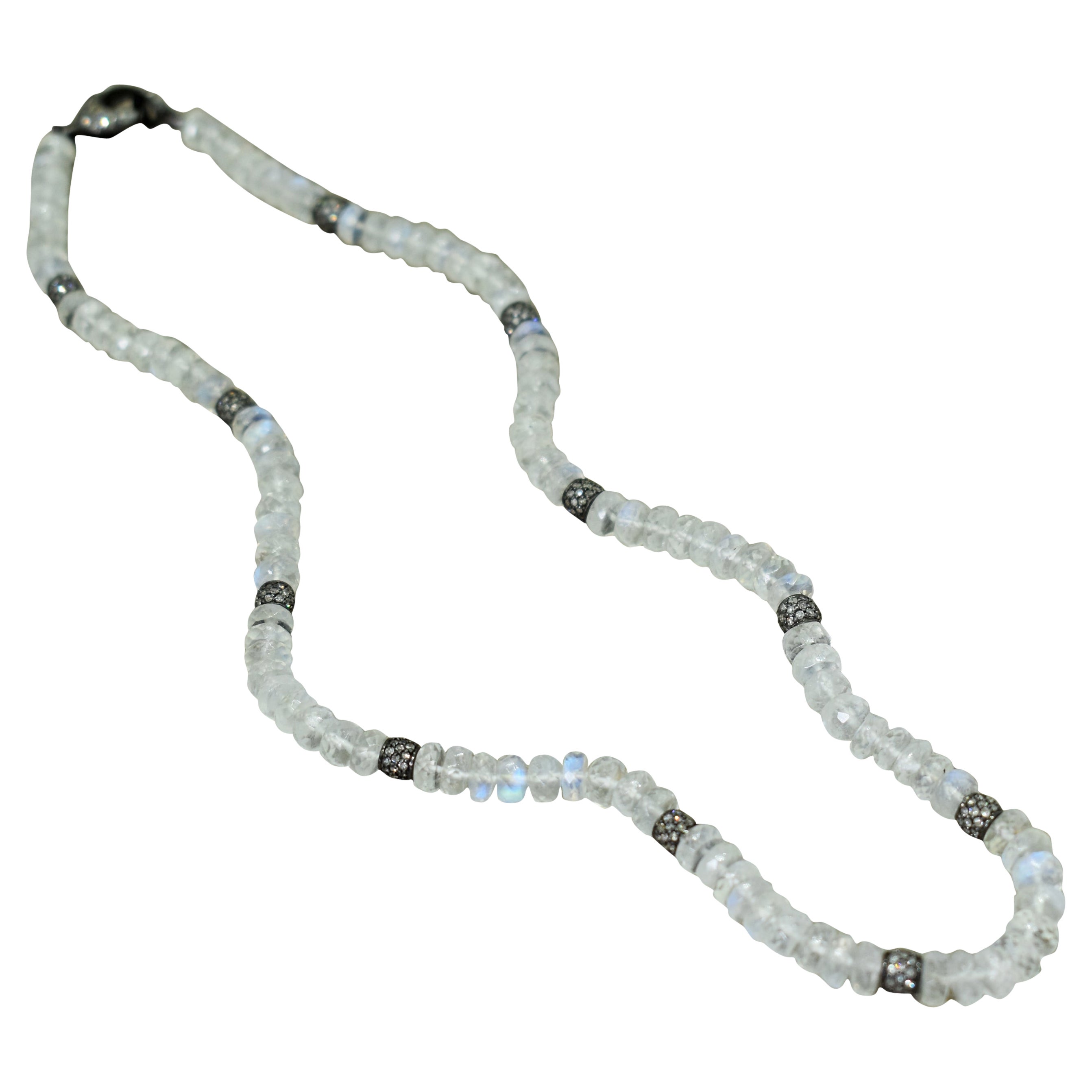 Faceted Moonstone and Pavé Diamond Beaded Necklace For Sale