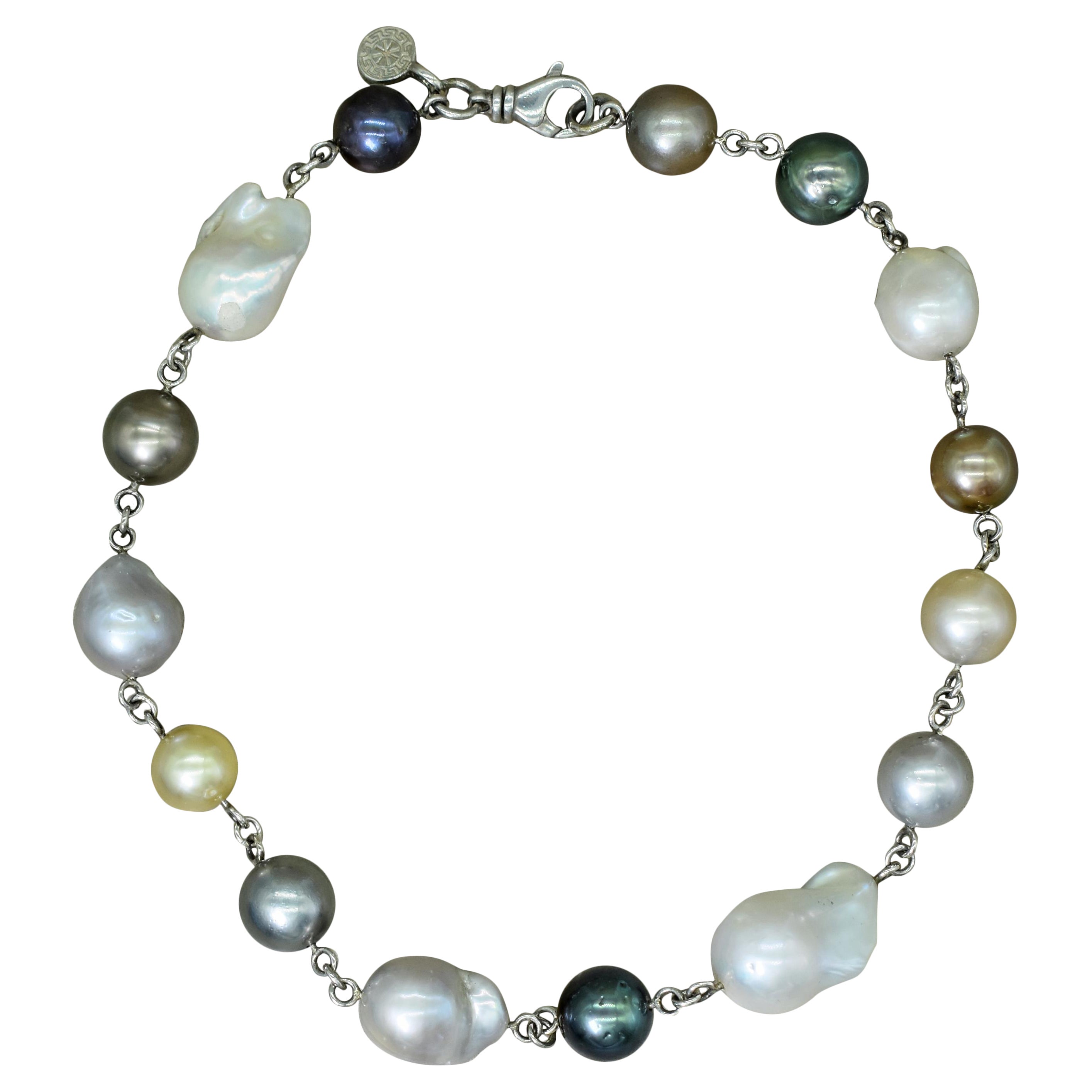 Multi-Color Round and Baroque Pearl Sterling Silver Link Collar Necklace For Sale