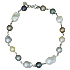Multi-Color Round and Baroque Pearl Sterling Silver Link Collar Necklace