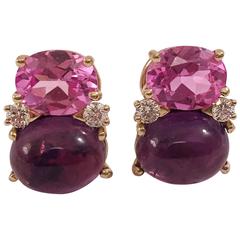 Medium GUM DROP™ earrings With Pink Topaz and Cabochon Amethyst and Diamonds 9