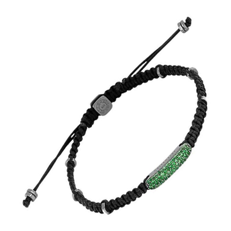 Baton Bracelet with Emerald in Black Macramé & Rhodium Sterling Silver, Size L For Sale