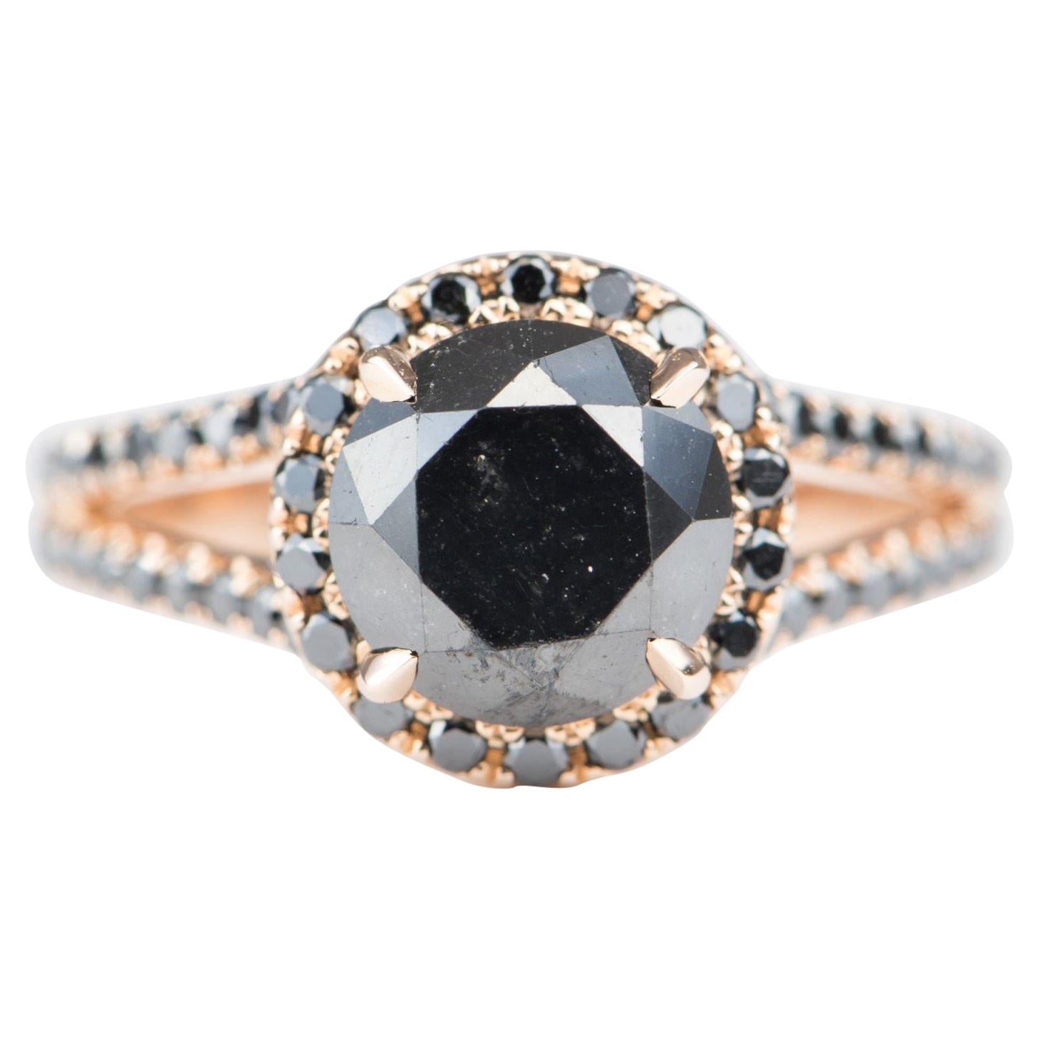 2.96ct Round Black Diamond Halo and Pave Band 14K Gold Engagement Ring R6336 For Sale