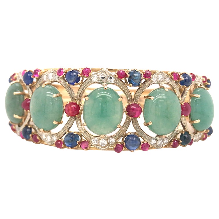 18K Diamond, Jade, Sapphire, Ruby Bangle Bracelet Yellow Gold For Sale
