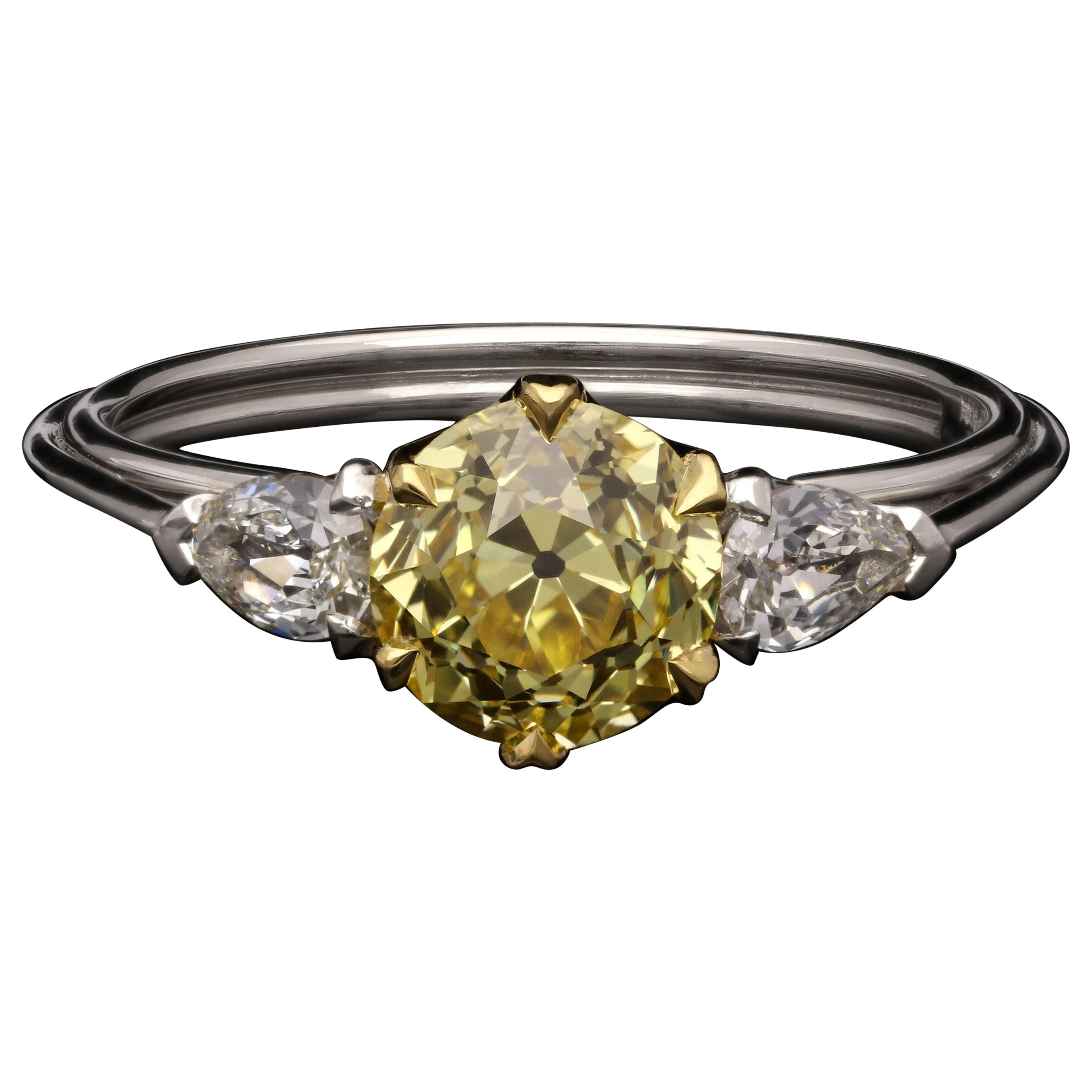 Hancocks 1.27ct Fancy Intense Yellow Old European Brilliant Cut Diamond Ring For Sale