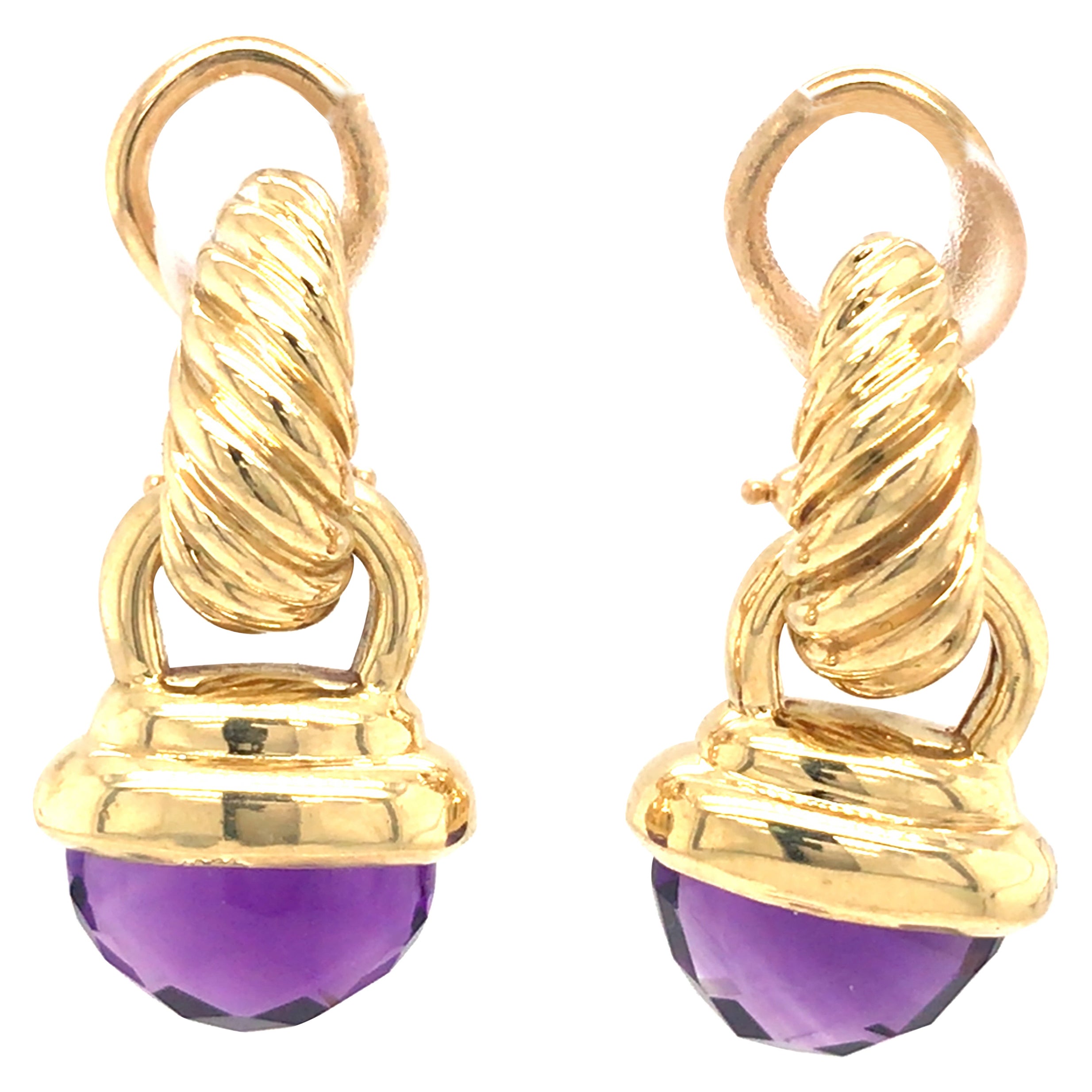 David Yurman 18K Yellow Gold Amethyst Dangle Earrings For Sale