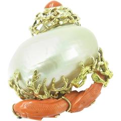 SEAMAN SCHEPPS Coral, Shell and Gold Brooch.