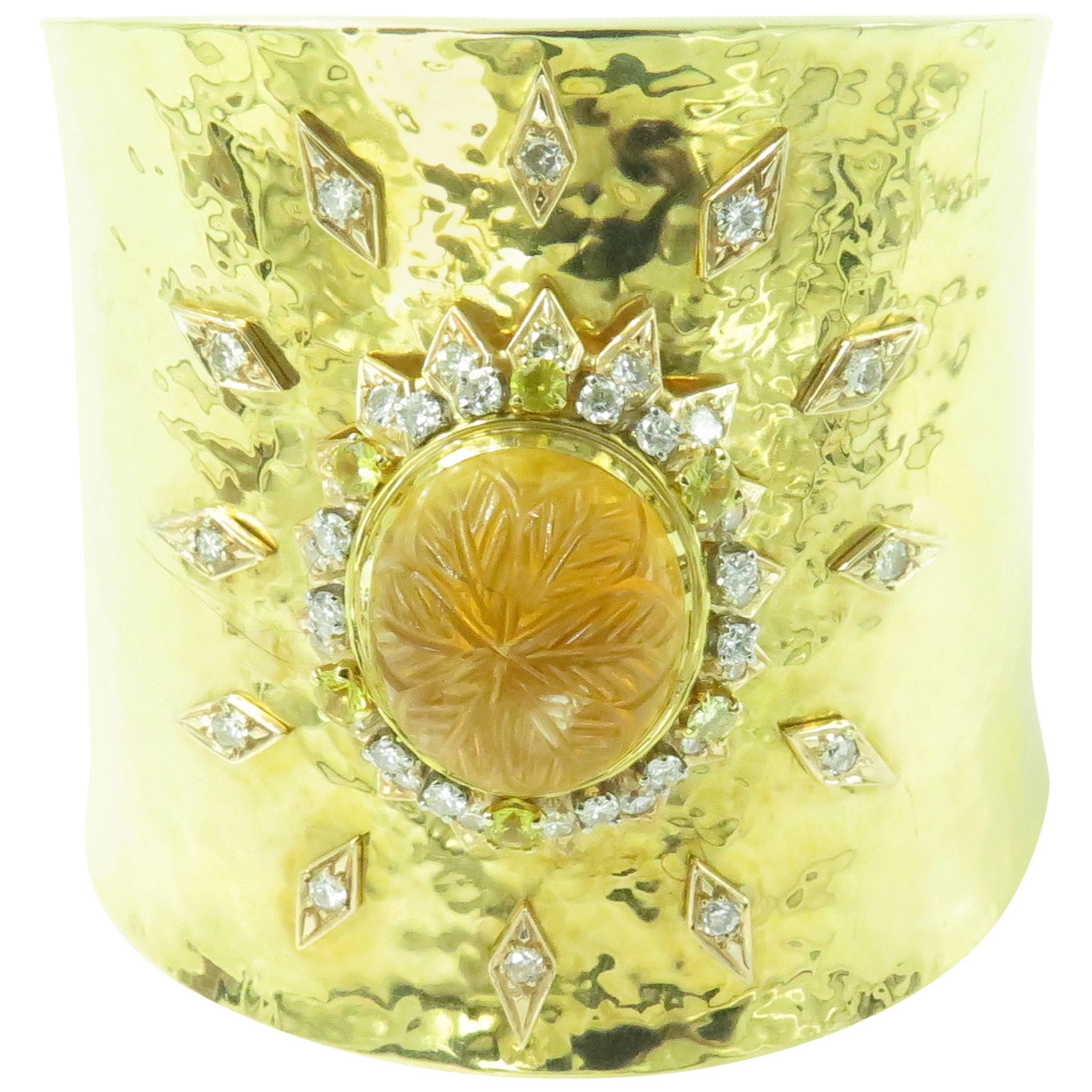 A Citrine Diamond Gold Cuff Bracelet.
