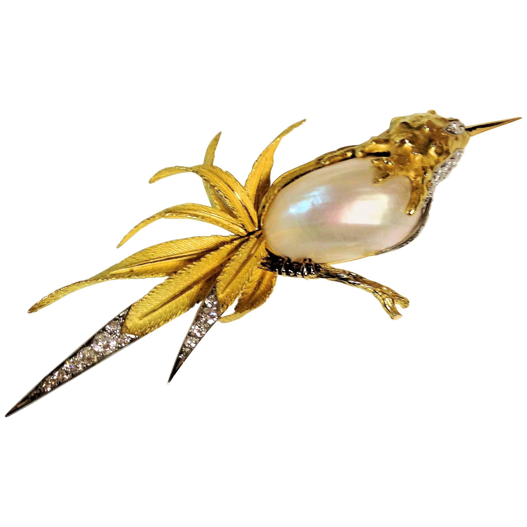 Sterle Blister Pearl Diamond Hummingbird Brooch For Sale