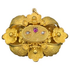 Victorian Ruby Rose Diamond Locket 14 Karat Gold Flower Motif Pendant Necklace
