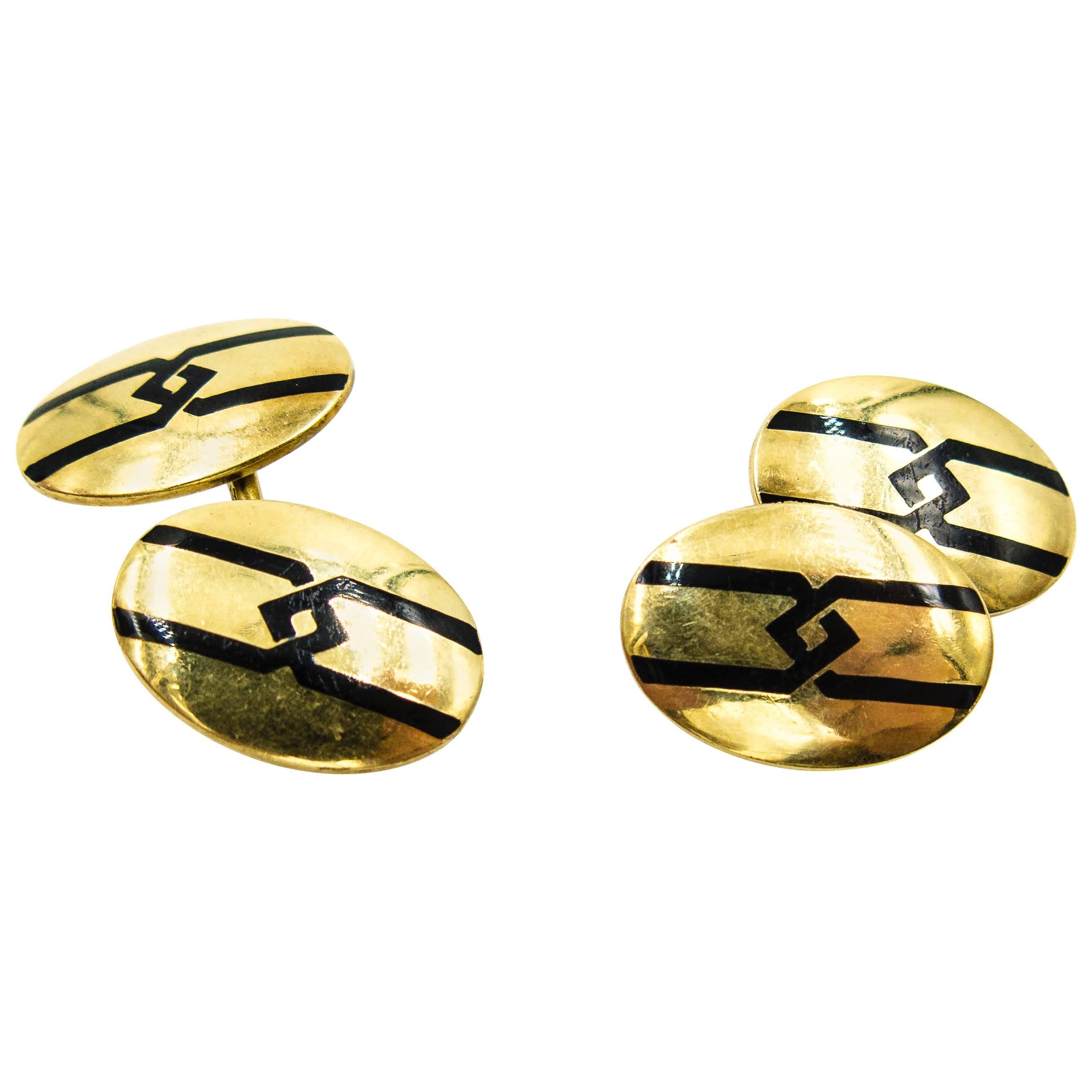 Elegantes Gemelos Art Déco Geométricos de Oro y Esmalte en venta