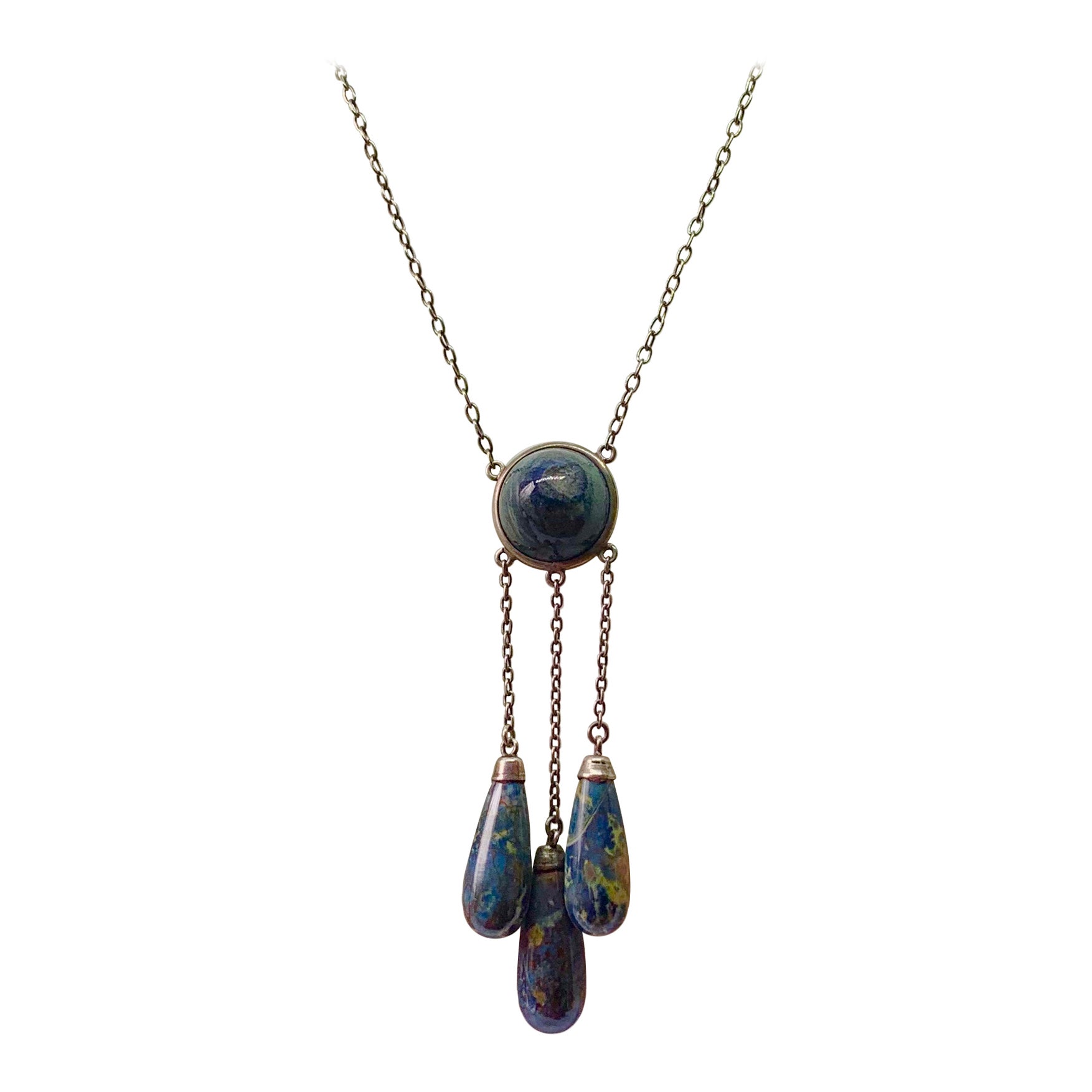 Art Deco Blue Jasper Silver Drop Negligee Pendant Necklace