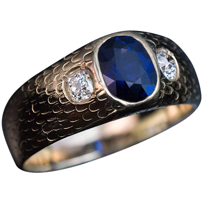 Antique Three Stone Sapphire Diamond Men’s Ring