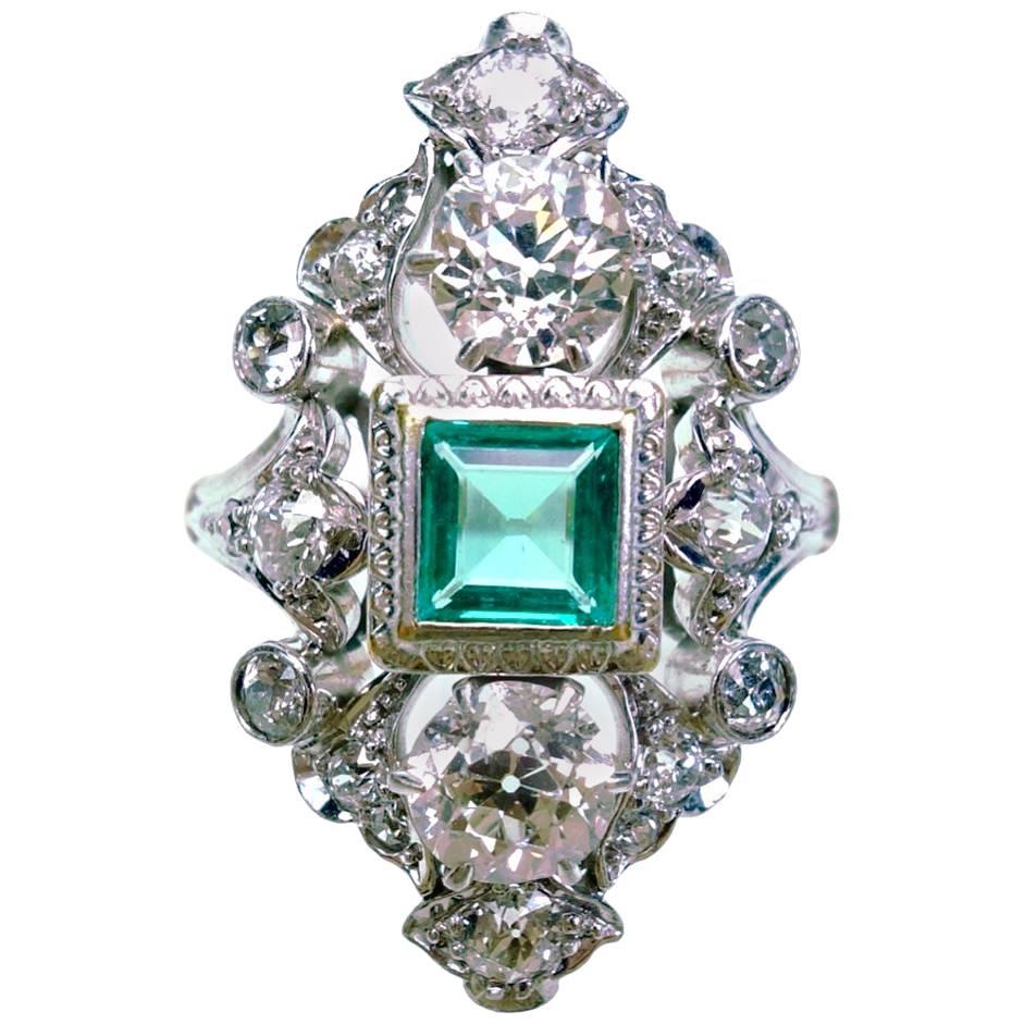 Antique Emerald Diamond Gold Platinum Ring 