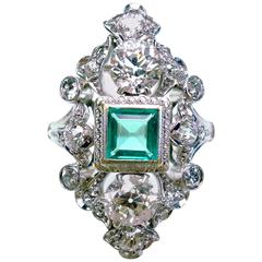 Antique Emerald Diamond Gold Platinum Ring 