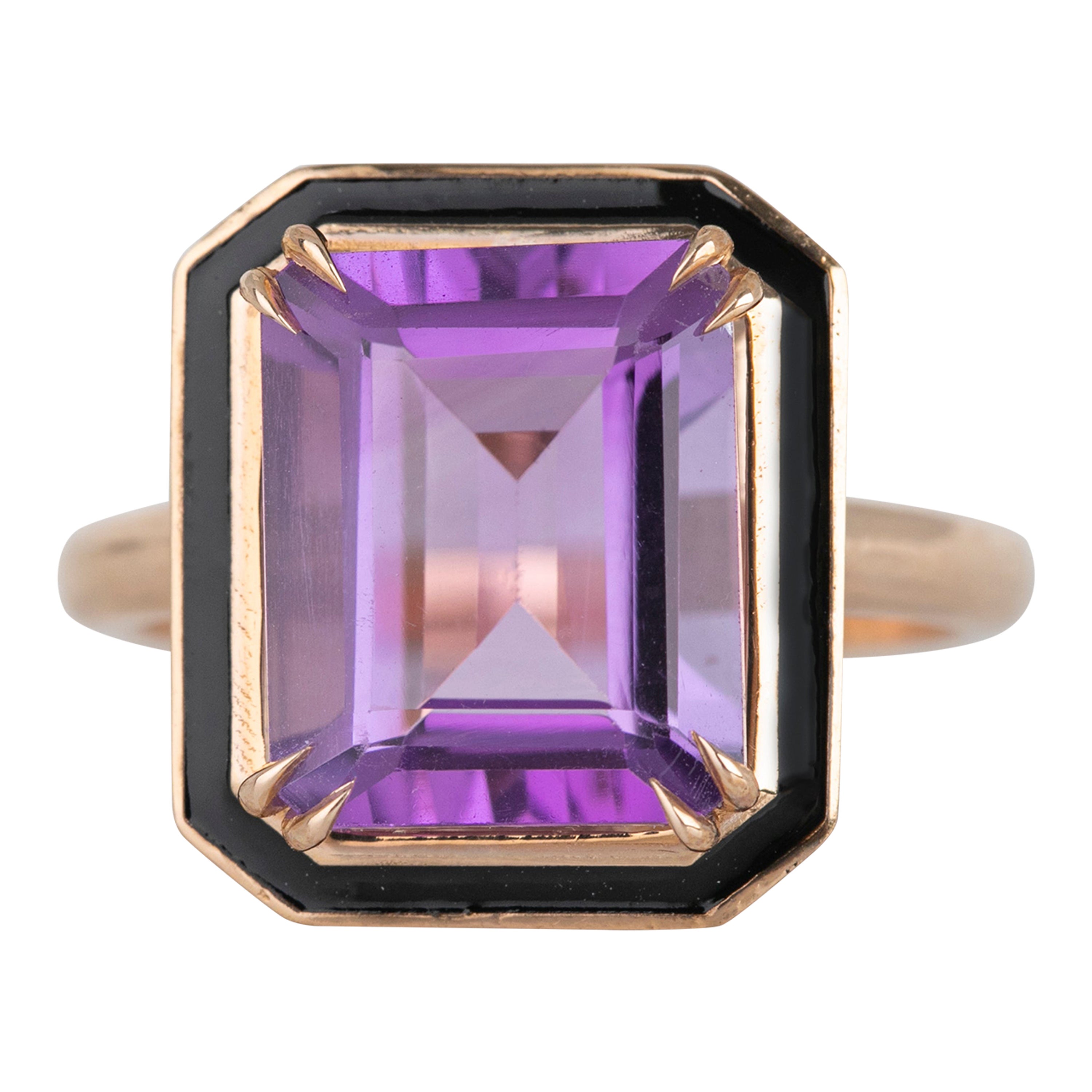 14K Gold Art Deco Stil Schwarz emailliert 6,80 Ct. Amethyst 14K Gold Cocktail Ring