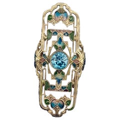 1.75 Carat Zircon Plique a Jour Enamel Art Nouveau Ring Magnificent Antique Gold