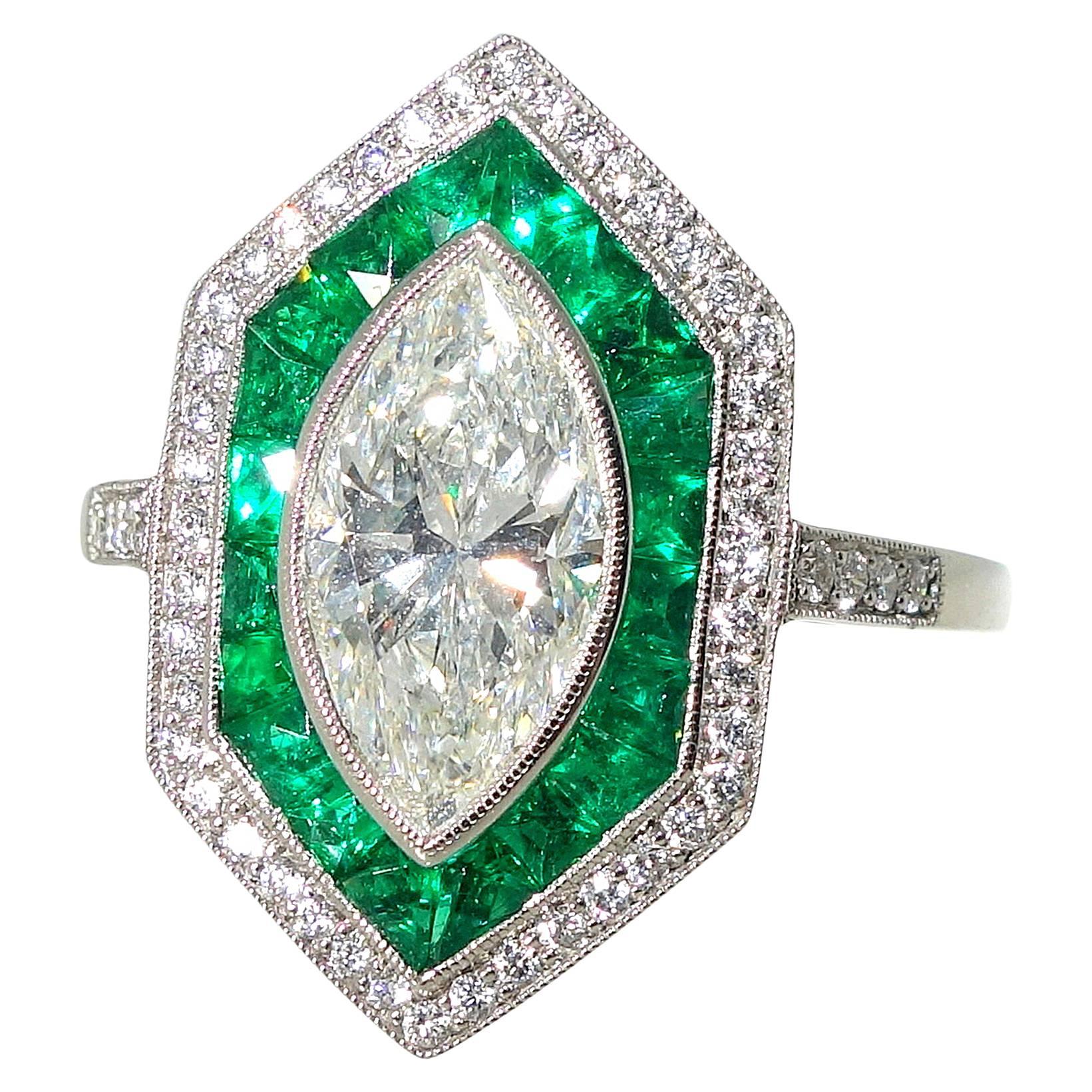 1,36 Karat GIA-zertifizierter Diamant-Smaragd-Platinring