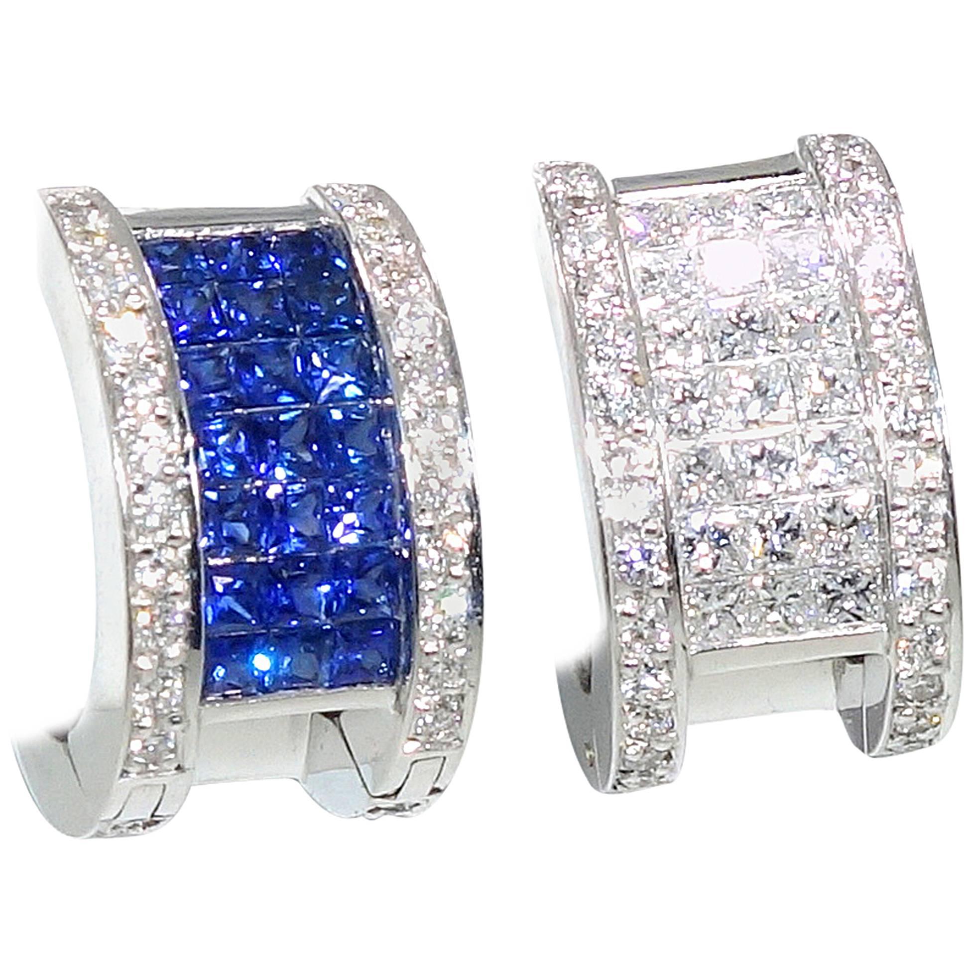 Invisibly Set Sapphire Diamonds Gold "Reversible" Earrings