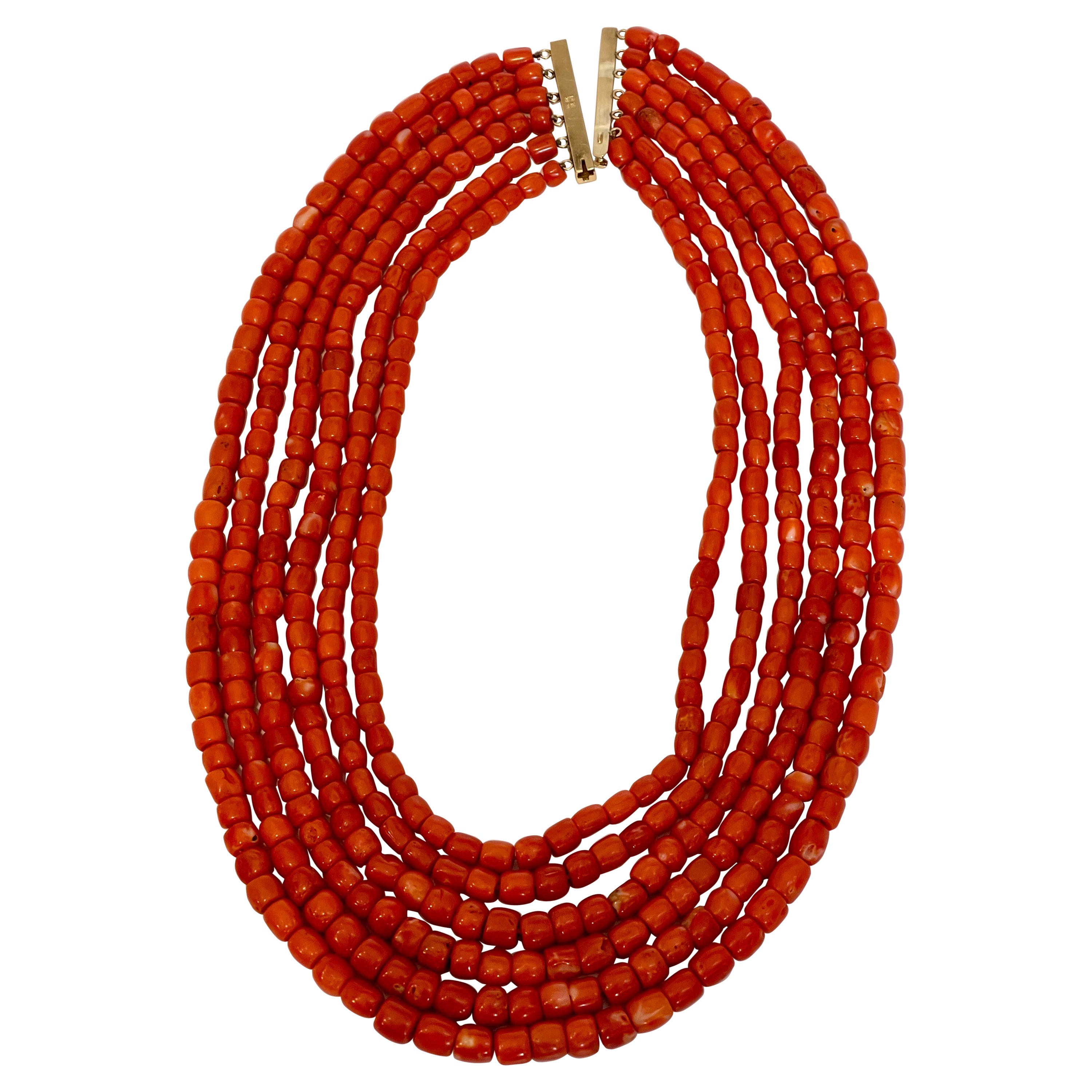 Vintage Natural Coral Multi Layer 6 Strand Bead Necklace 14 KY Gold
