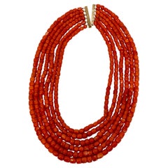 Vintage Natural Coral Multi Layer 6 Strand Bead Necklace 14 KY Gold