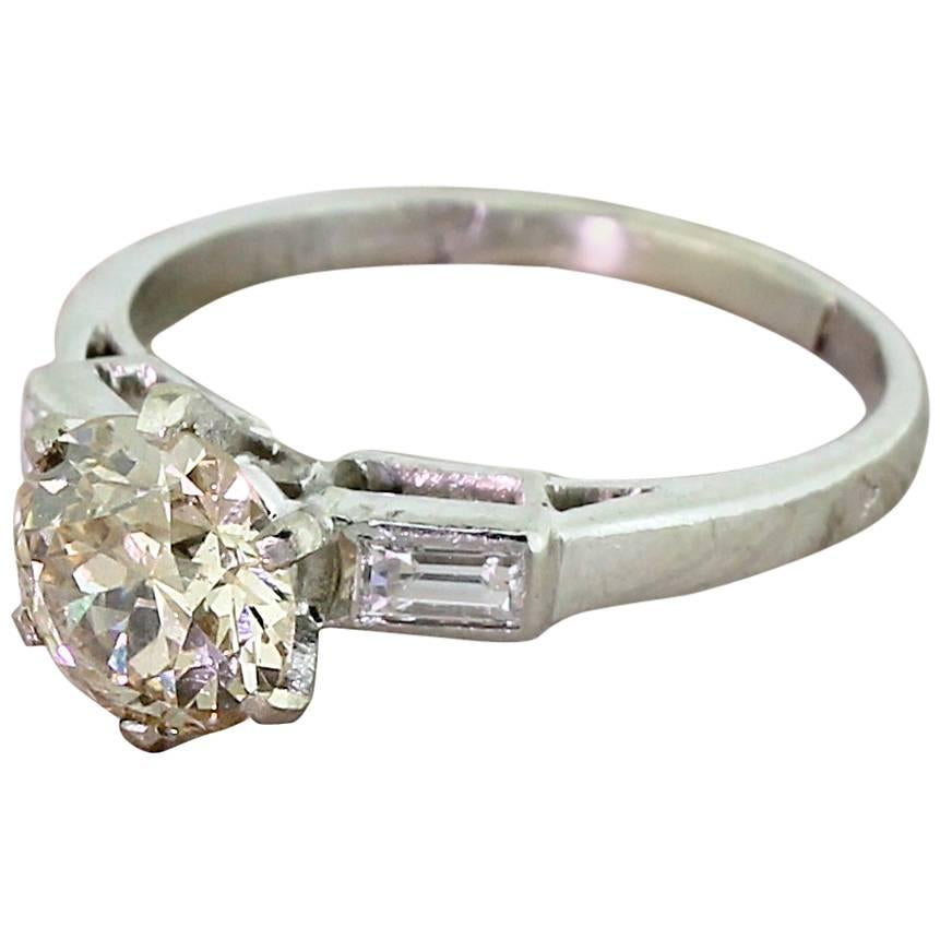 Art Deco 1.67 Carat Light Cognac Old Cut Diamond Platinum Engagement Ring For Sale