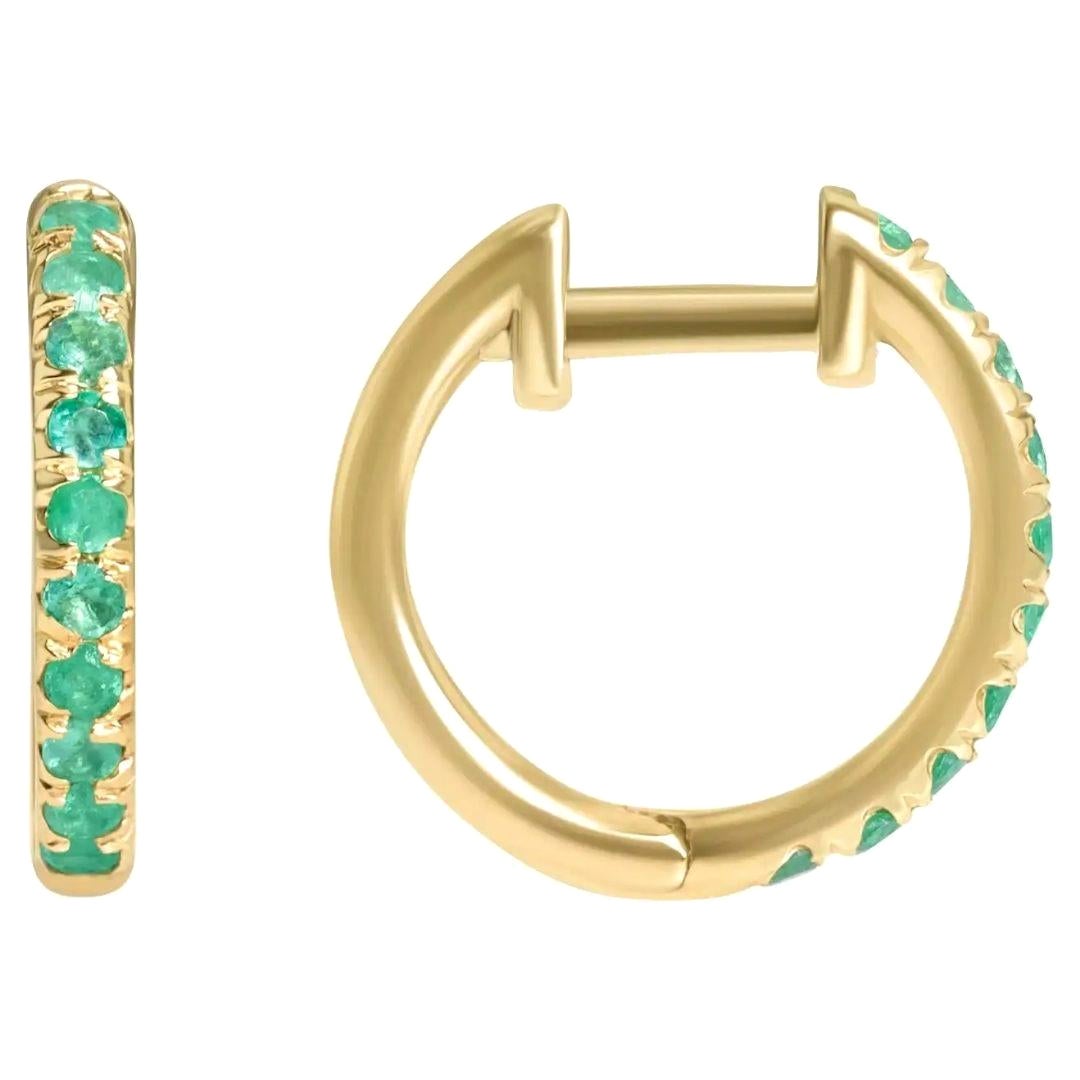 0.27 Carat Emerald Birthstone Hoop Earrings in 14K Yellow Gold, Shlomit Rogel For Sale