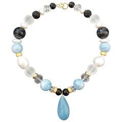 Aquamarine Beads And Pendant Baroque Pearls Quartz Onyx Yellow Gold Necklace