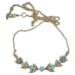 Collier ancien guirlande de fleurs en or 14 carats avec opale et perles de style victorien édouardien
