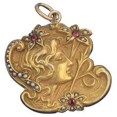 Ruby Pearl Art Nouveau Maiden Flower Woman Pendant 14 Karat Gold Necklace