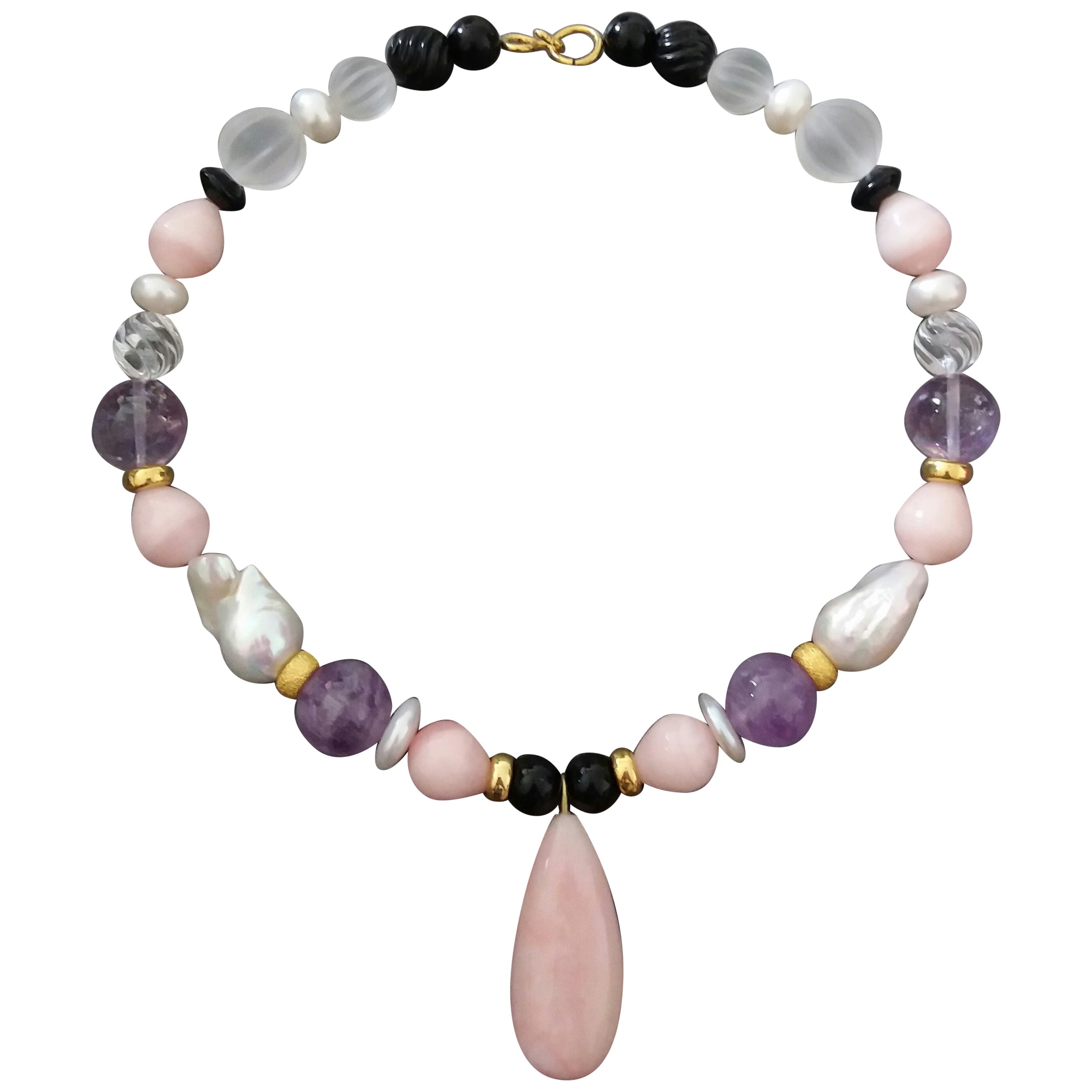 Pink Opal Beads and Pendant Amethyst Pearls Quartz Onyx Yellow Gold Necklace For Sale