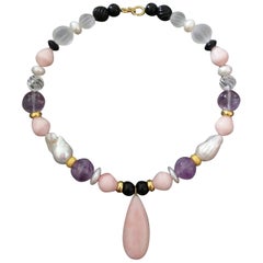 Pink Opal Beads and Pendant Amethyst Pearls Quartz Onyx Yellow Gold Necklace