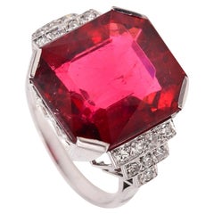 Souteyrand Paris 1920 Art Deco Ring Platinum With 15.04 Ctw Rubellite & Diamonds