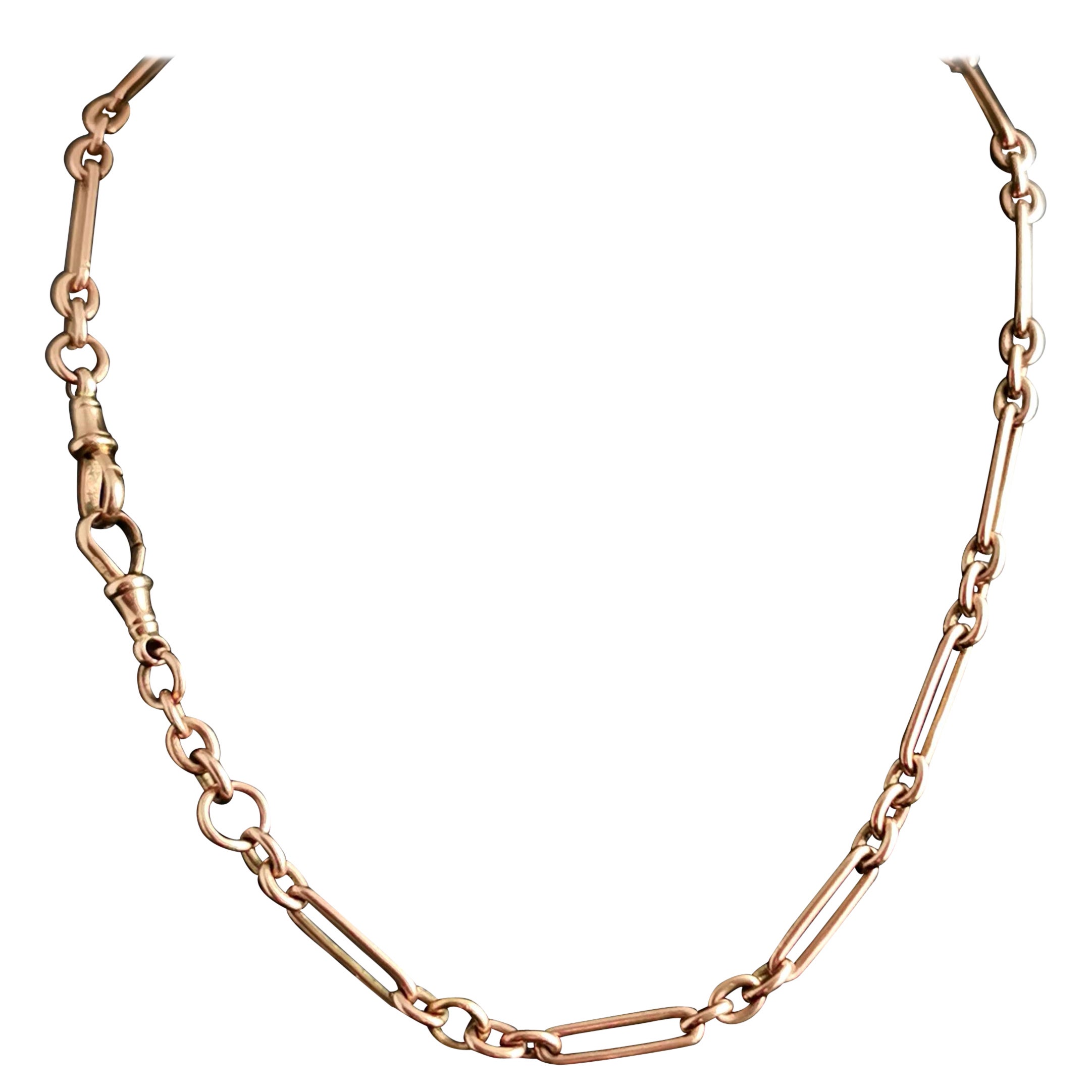 Antique 9k Rose Gold Albert Chain, Watch Chain Necklace, Trombone Link