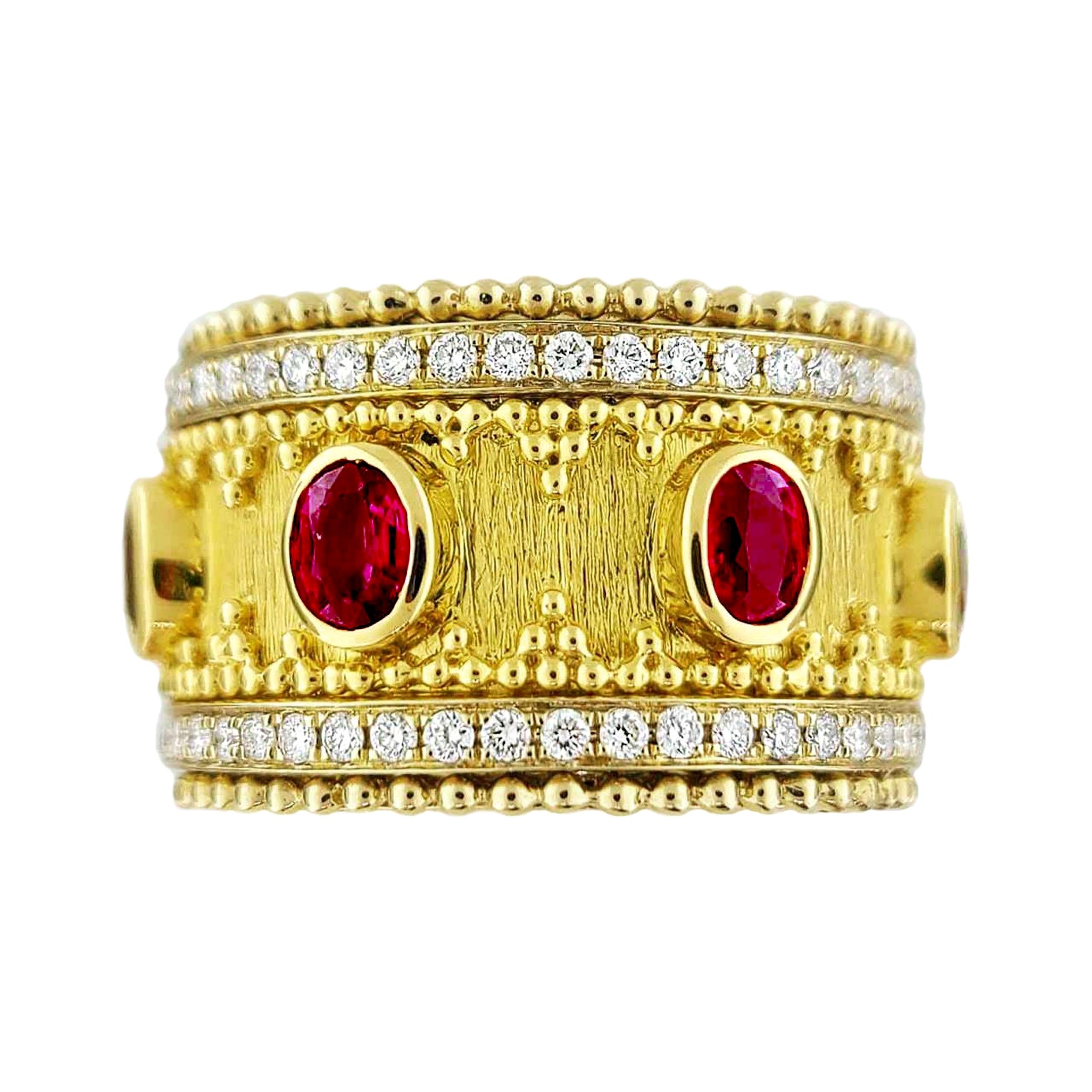 18 Karat Gold Granulata Style Oval Ruby & Diamond Ring For Sale