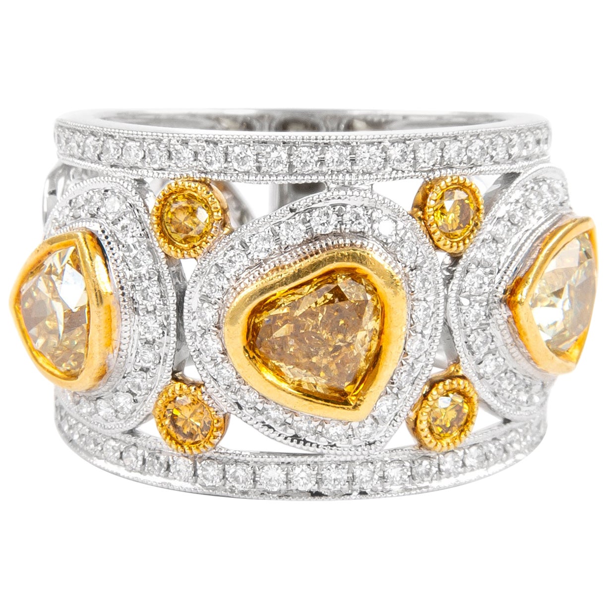 Alexander 2.58ct Yellow Diamond Cluster Ring 18k Two Tone For Sale