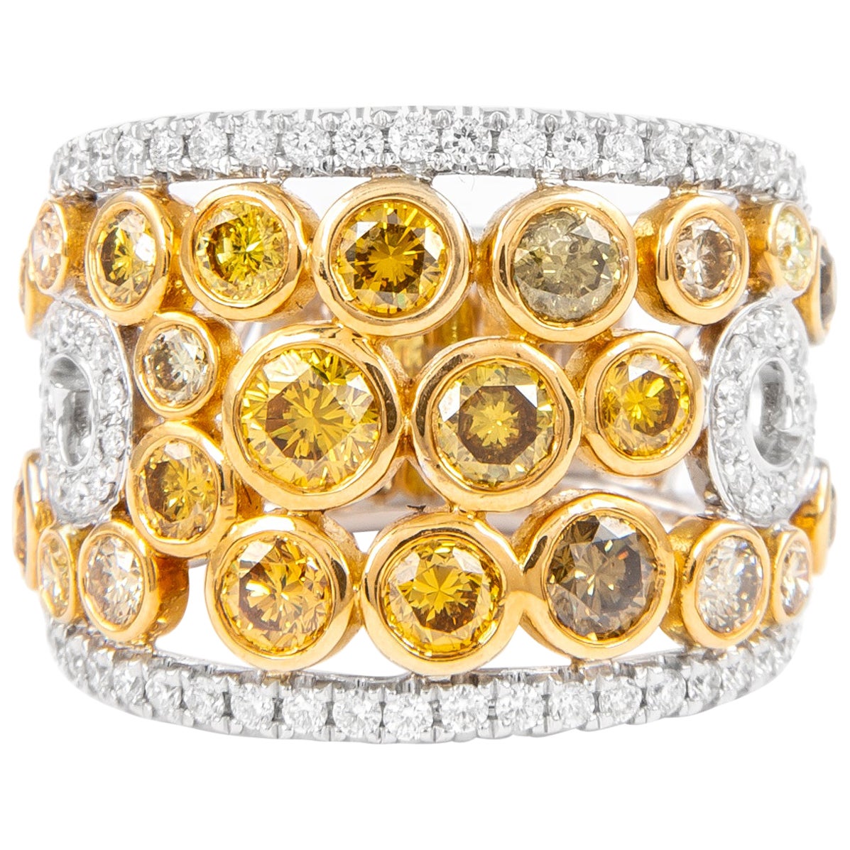 Alexander Bague cocktail en or bicolore 18 carats avec diamants jaunes multicolores de 3,55 carats