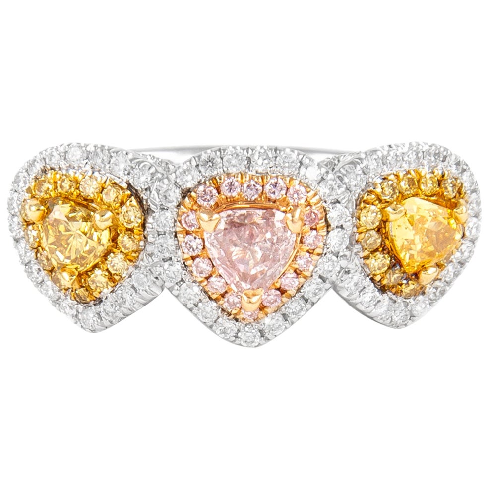 Alexander GIA 1.60ctt Fancy Purplish Pink & Yellow Diamond Three Stone Ring 18k