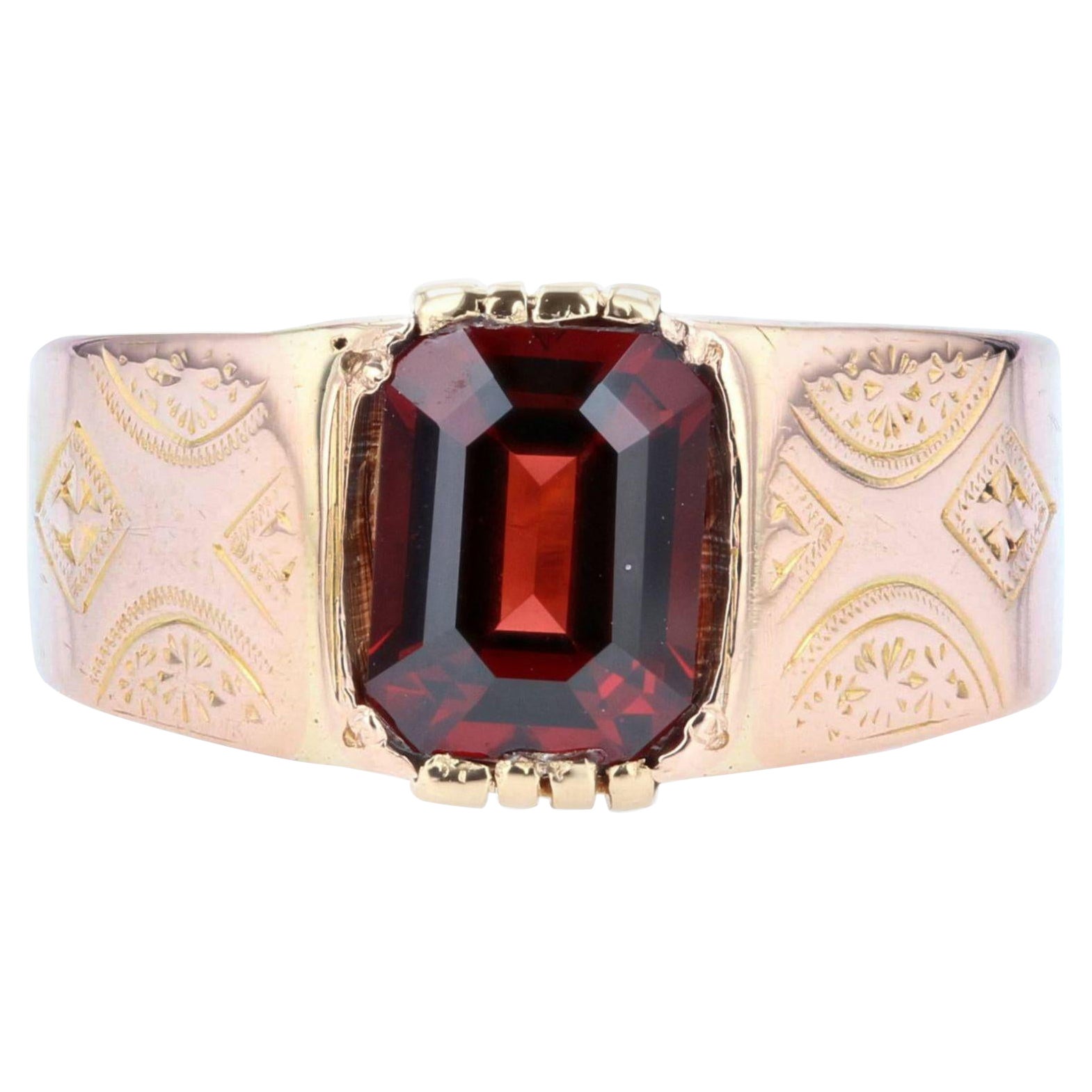 Bague grave en or rose 18 carats avec grenat de 1,80 carat, annes 1900