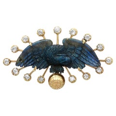 Used Carved Labradorite and 1.15 Carat Diamond Yellow Gold Brooch