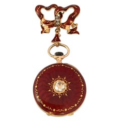 Antique 14 Karat Gold and Diamonds Red Enamel Mechanical Ladies Fob or Brooch Watch