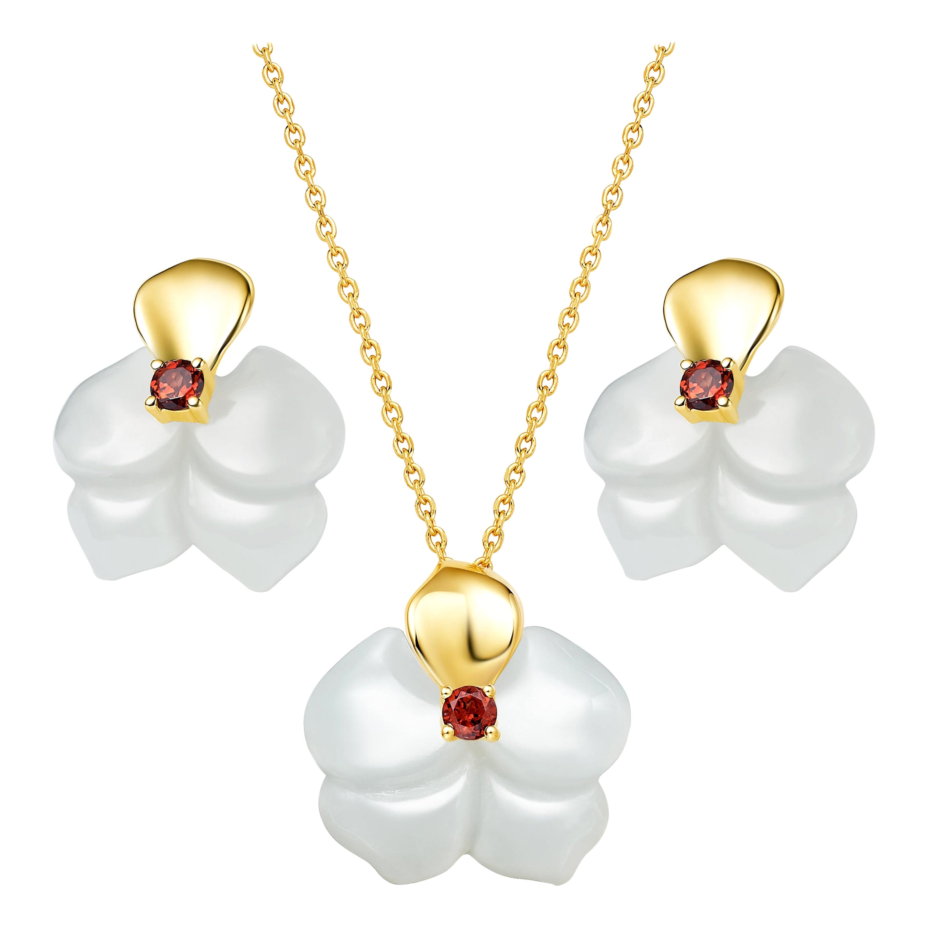 Russian Nephrite Orchid Garnet 14 Karat Yellow Gold Necklace Earrings Set For Sale