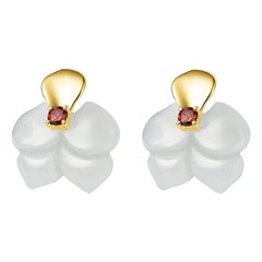 Fei Liu Russian Nephrite Orchid Garnet 14 Karat Yellow Gold Stud Earrings