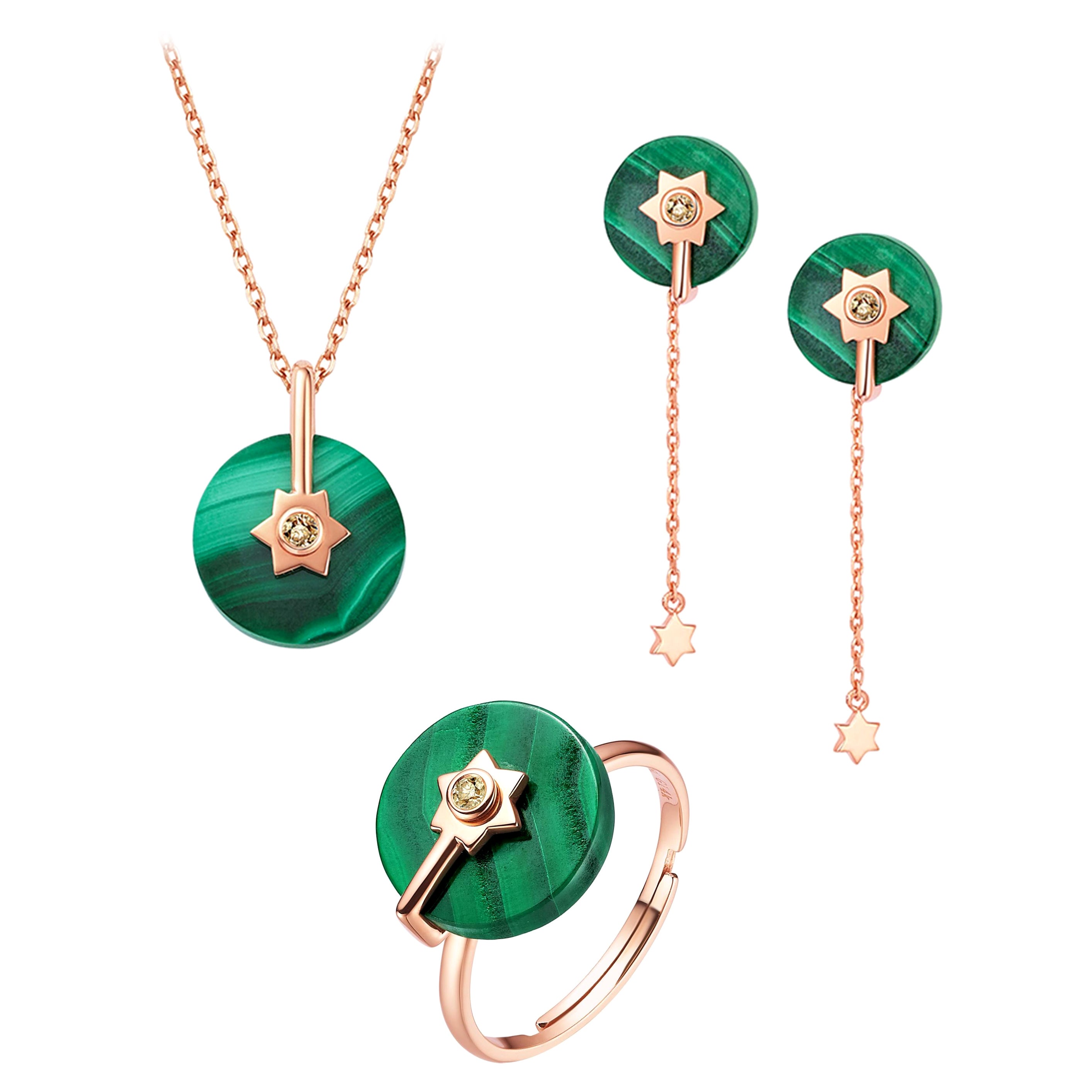 Fei Liu Malachite Diamond Rose Gold Necklace Earrings Ring