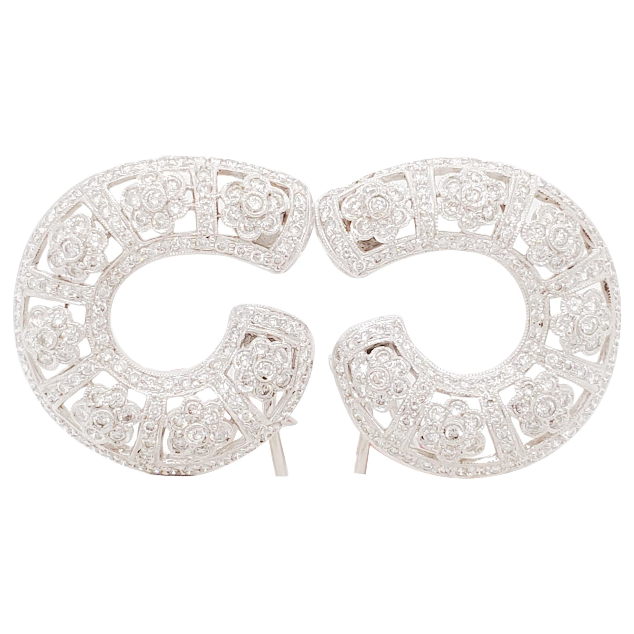 White Diamond Semi Hoop Flower Cluster Earrings in 18k White Gold For Sale