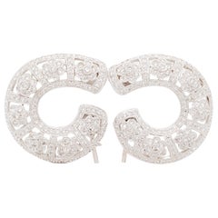 White Diamond Semi Hoop Flower Cluster Earrings in 18k White Gold