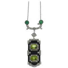Onyx Peridot Emerald Diamond Gold Pendant Brooch 12