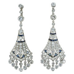 Diamond Sapphire Platinum Chandelier Earrings