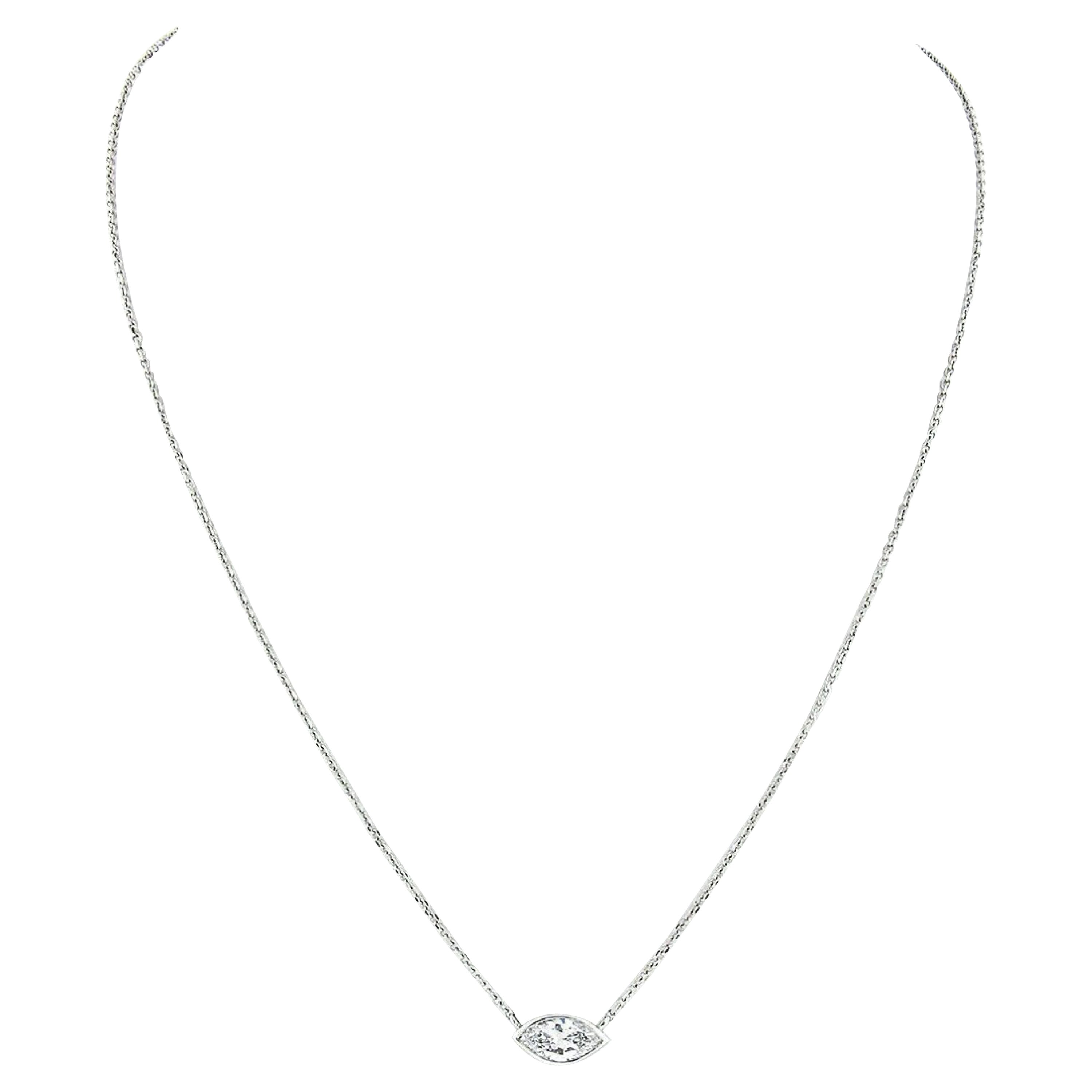 New 14K Gold .66ct GIA Marquise Bezel Diamond Solitaire Pendant Adjustable Chain For Sale