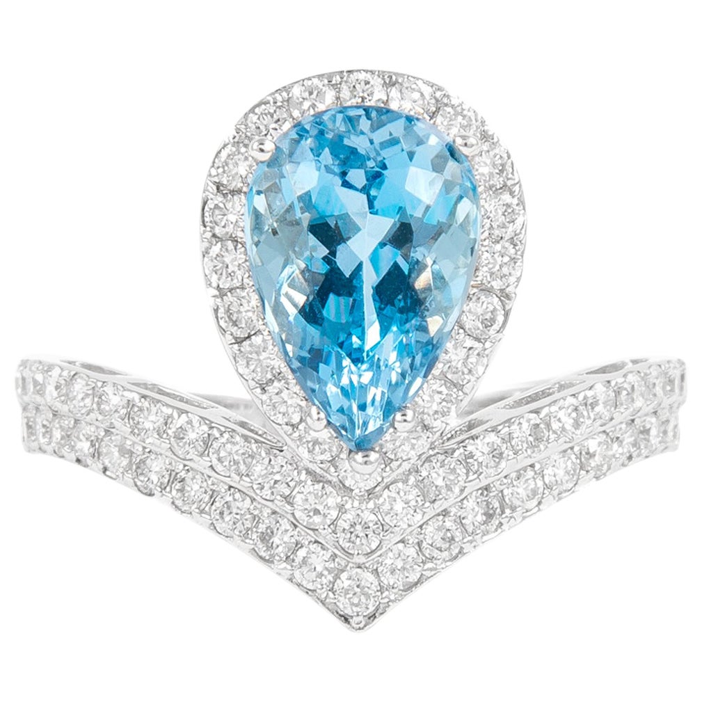 Alexander 2.66 Carat Pear Aquamarine and Diamond Ring 18k White Gold For Sale